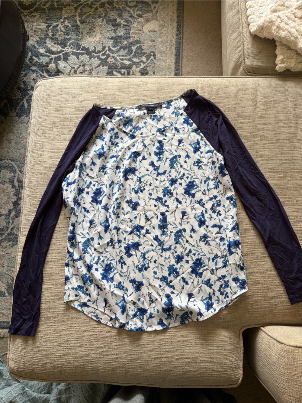 French Connection Blue Floral Long-Sleeve Tee with Navy Sleeves
